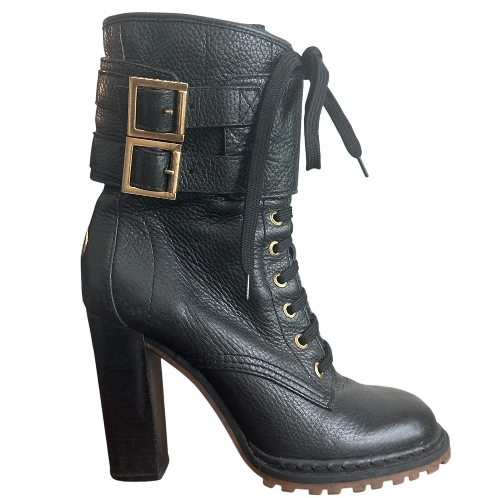 Tory Burch Combat Boots Black Leather Double Buckle Heeled Moto Size 9